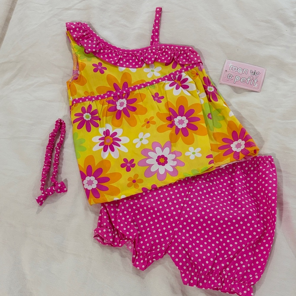 Mon Petit Yellow Floral with Pink Trim 3 piece set